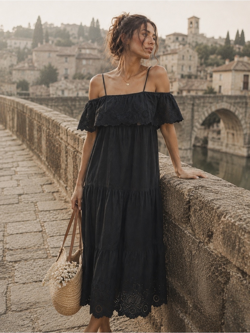 100% cotton black eyelet maxi dress. Whimsical, embroidered, classic